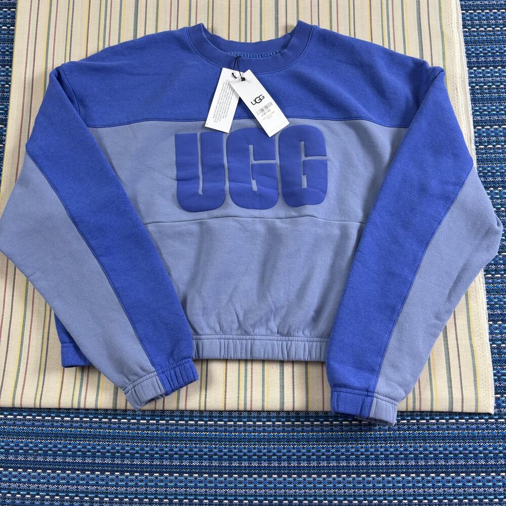 UGG Sweatshirt Womens XL Blue Aryia Cropped Colorblock Logo Fleece Pullover NEW